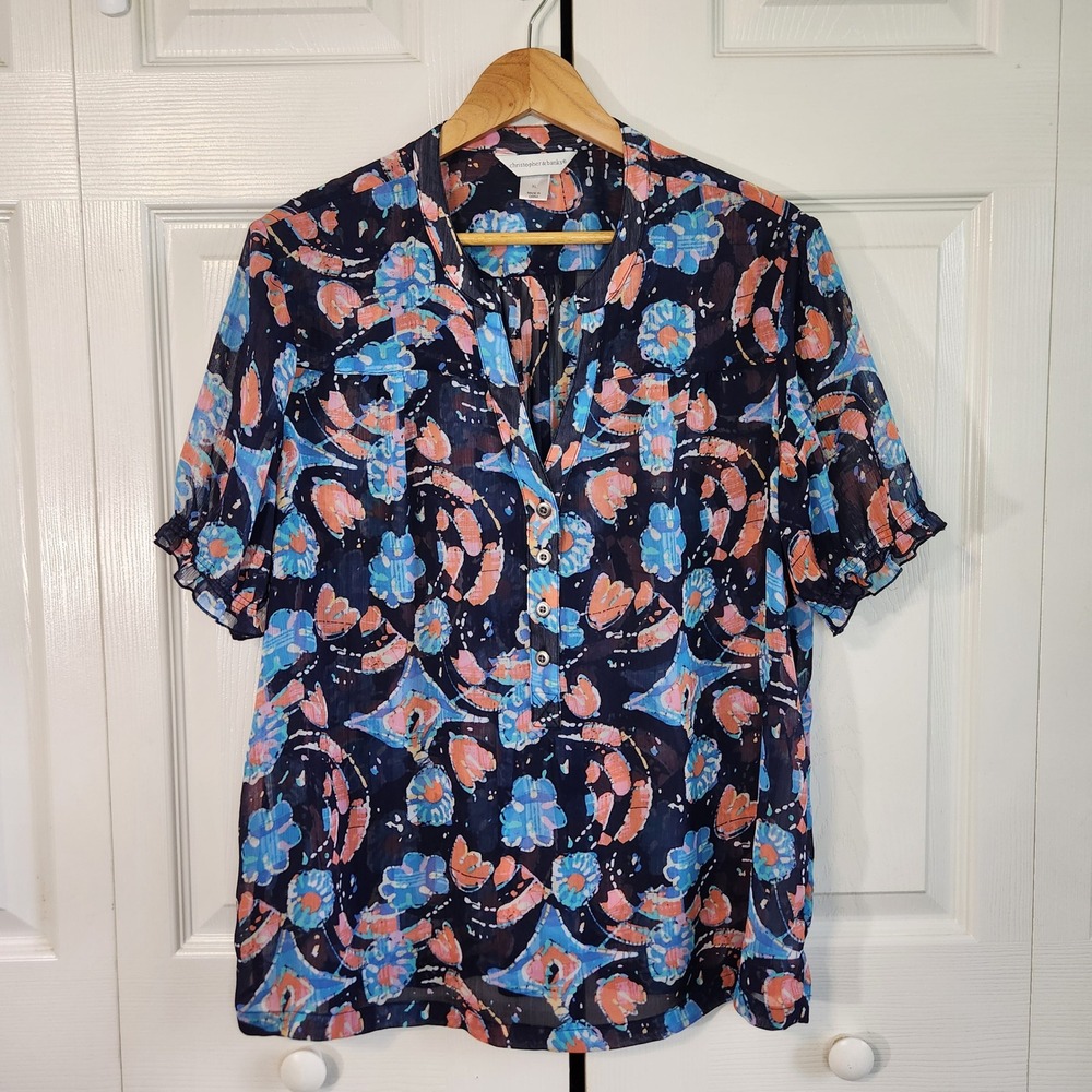 Christopher & Banks Womens XL Blue Coral Abstract Floral Chiffon Blouse Button‎